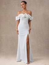 Kaylie Midi Dress - Off The Shoulder - Wedding Ready - High Waist - Bodycon Fit - Ruffle Detail