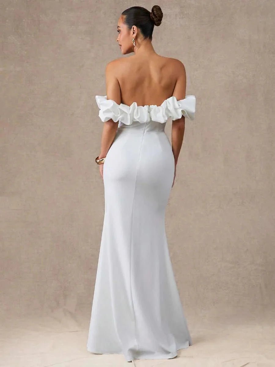 Kaylie Midi Dress - Off The Shoulder - Wedding Ready - High Waist - Bodycon Fit - Ruffle Detail