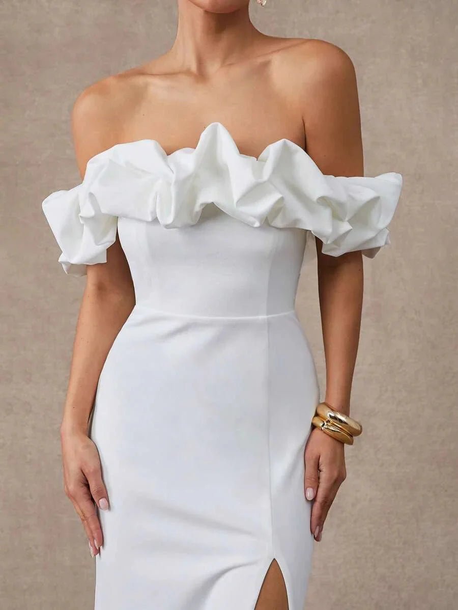 Kaylie Midi Dress - Off The Shoulder - Wedding Ready - High Waist - Bodycon Fit - Ruffle Detail