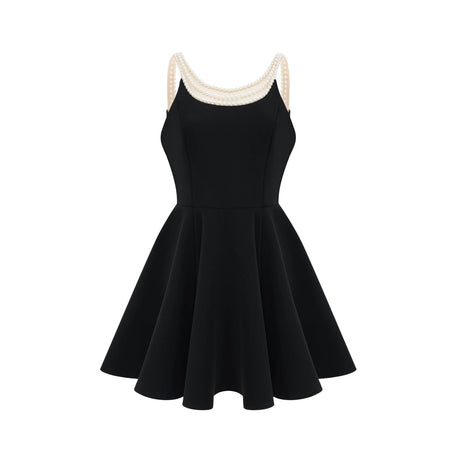 Kaylie Mini Dress Black Faux - Pearl Embellished Flounce Hem