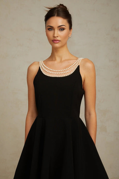 Kaylie Mini Dress Black Faux - Pearl Embellished Flounce Hem