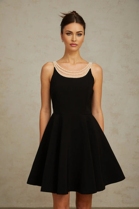 Kaylie Mini Dress Black Faux - Pearl Embellished Flounce Hem