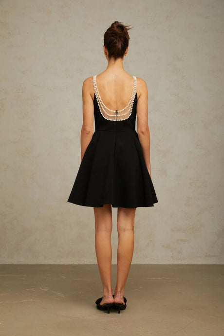 Kaylie Mini Dress Black Faux - Pearl Embellished Flounce Hem