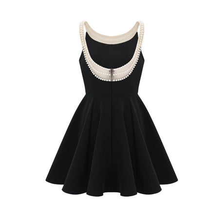 Kaylie Mini Dress Black Faux - Pearl Embellished Flounce Hem