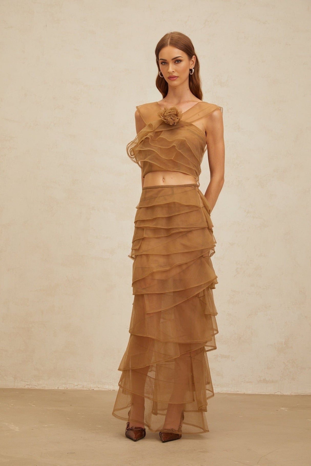 Kaylie Top & Skirt - Sleeveless - Layered Design - 3D - Petal Detailing - Cropped - Maxi Length