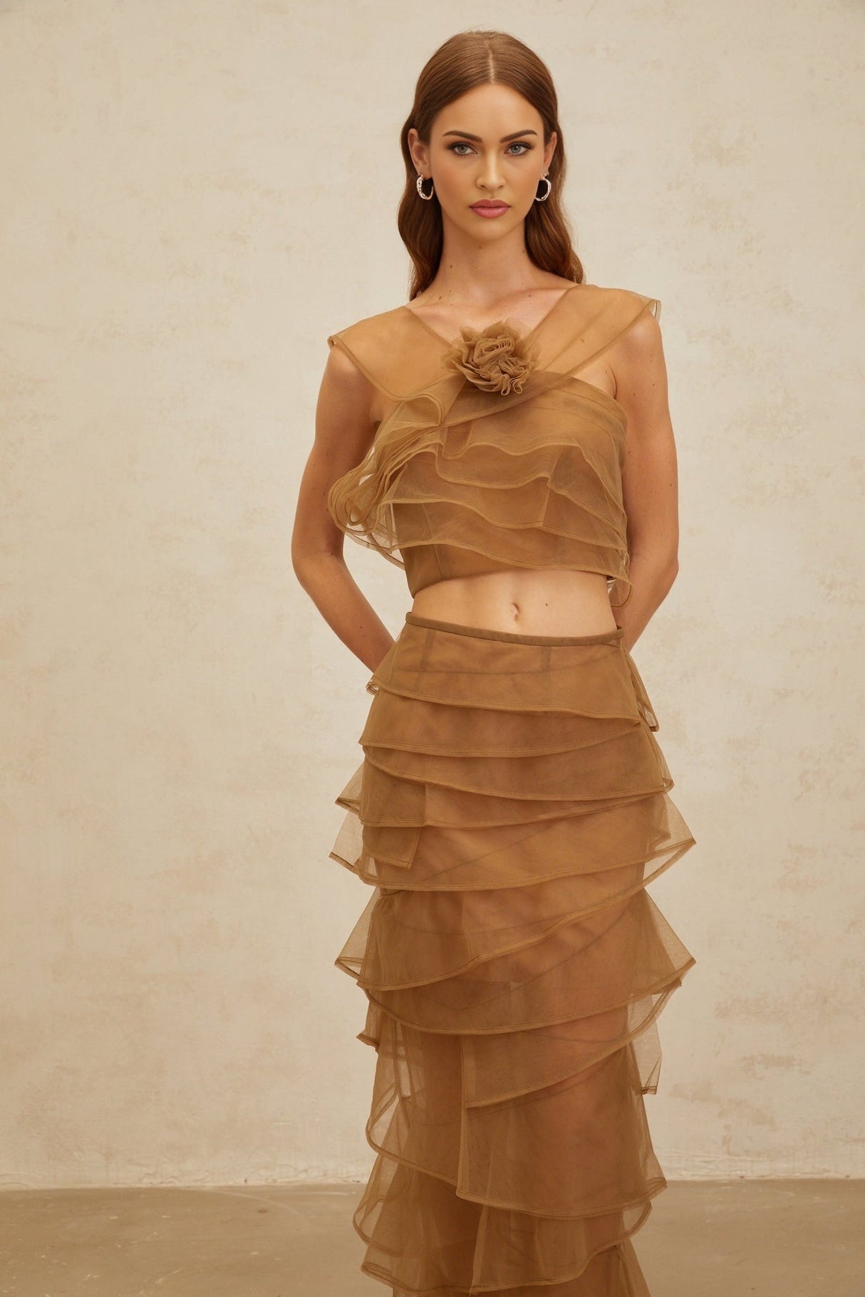 Kaylie Top & Skirt - Sleeveless - Layered Design - 3D - Petal Detailing - Cropped - Maxi Length