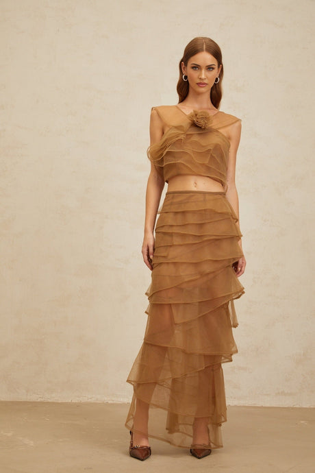 Kaylie Top & Skirt - Sleeveless - Layered Design - 3D - Petal Detailing - Cropped - Maxi Length