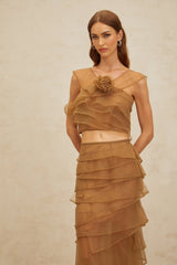 Kaylie Top & Skirt - Sleeveless - Layered Design - 3D - Petal Detailing - Cropped - Maxi Length