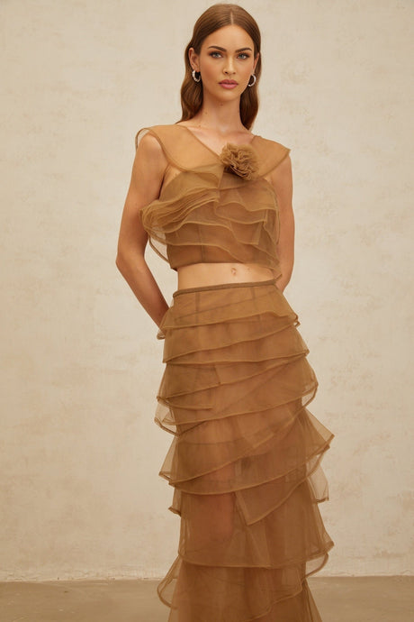 Kaylie Top & Skirt - Sleeveless - Layered Design - 3D - Petal Detailing - Cropped - Maxi Length