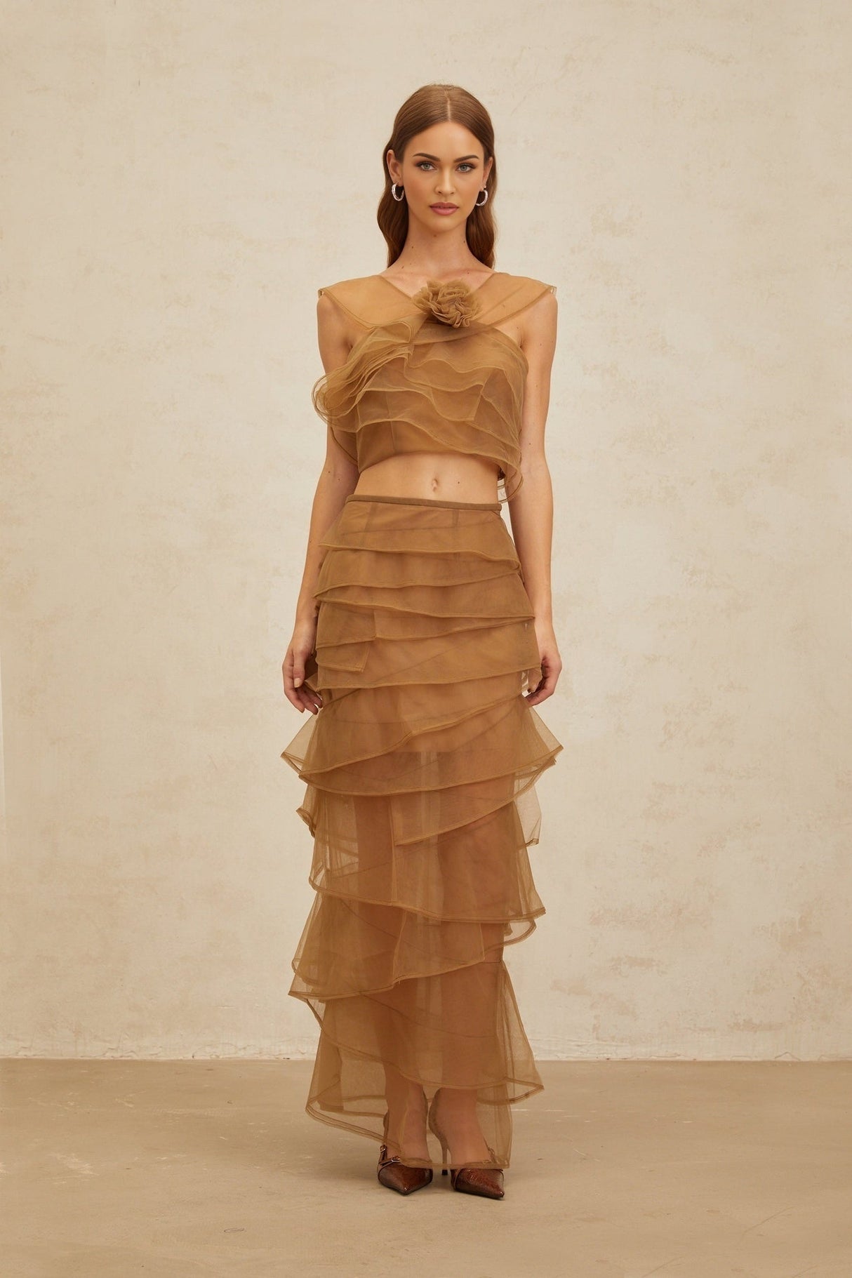 Kaylie Top & Skirt - Sleeveless - Layered Design - 3D - Petal Detailing - Cropped - Maxi Length