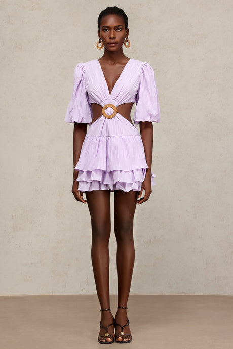 Kendra Lilac V-Neckline Mini Dress with Puff Sleeves and Hollow-Out Detailing
