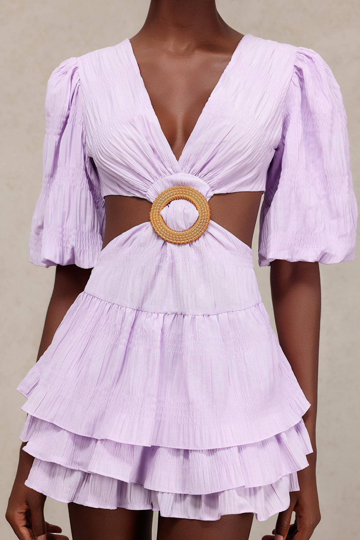 Kendra Lilac Mini Dress V-Neckline Puff Sleeves Hollow-Out Waist Ruffles Summer Parties Casual Outings Lightweight Fabric