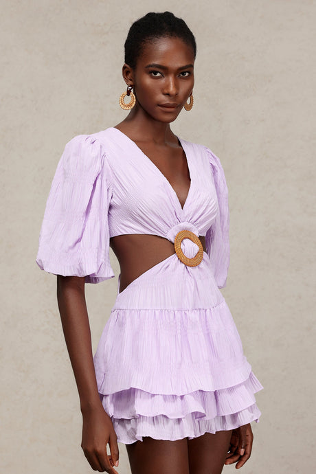 Kendra Lilac Mini Dress V-Neck Puff Sleeves Ruffled Hem Hollow-Out Waist Detailing Lightweight Fabric