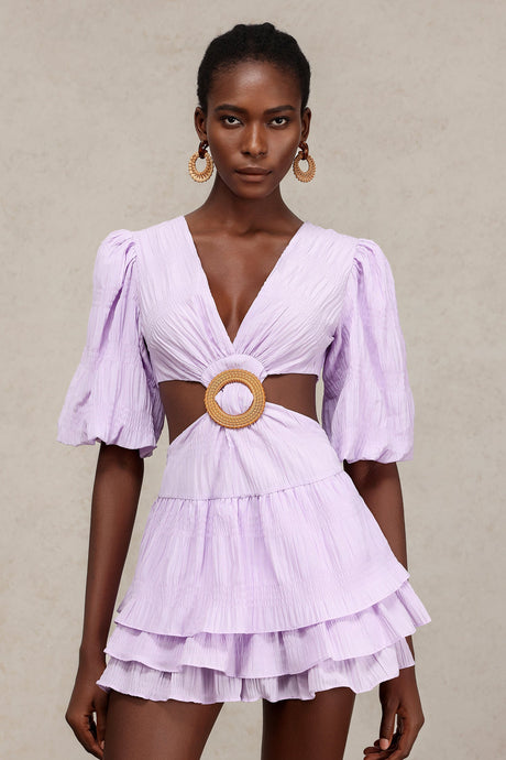 Kendra Lilac V-Neckline Mini Dress with Puff Sleeves and Hollow-Out Detailing