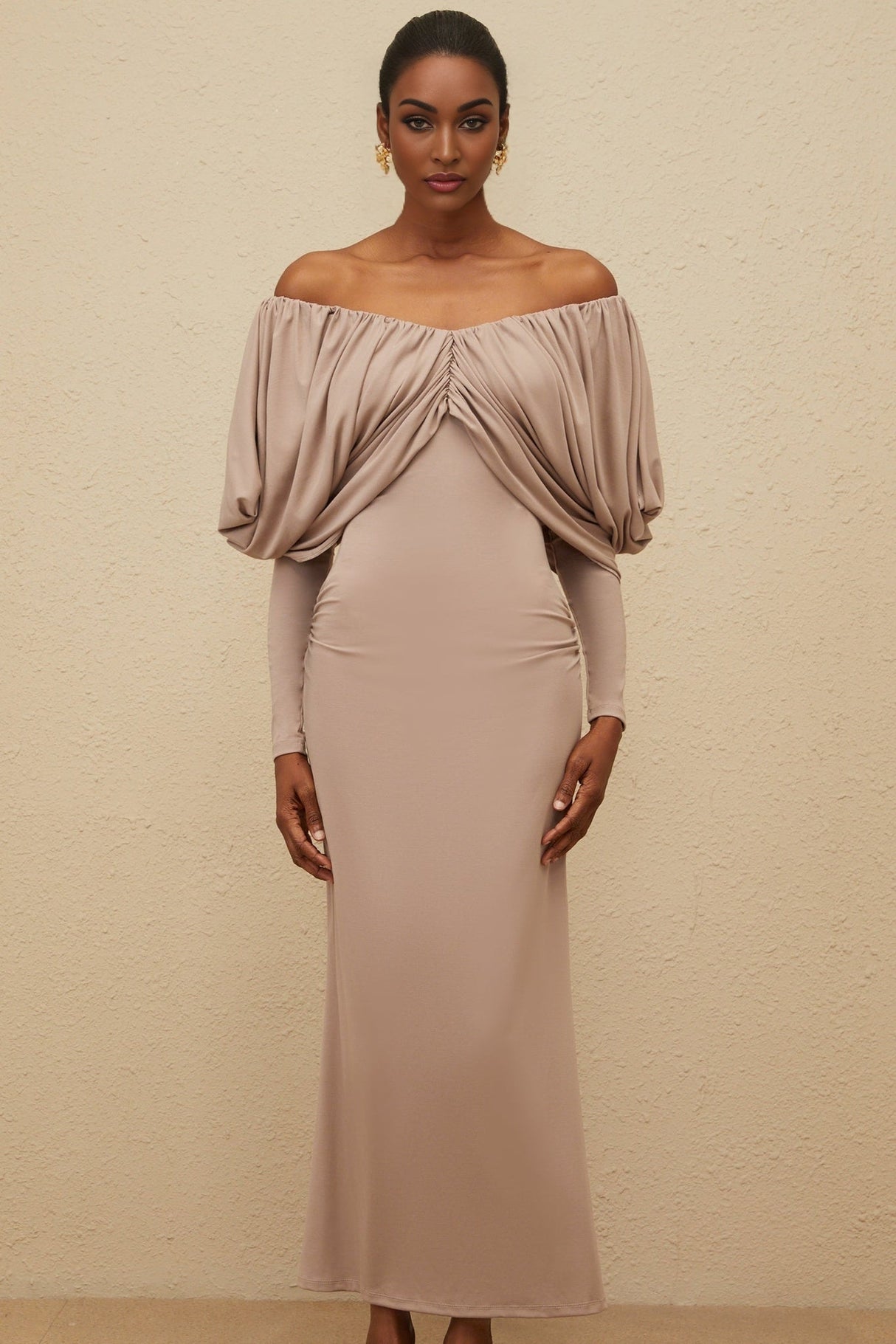 Kendra Midi Dress - V - Neck - Long Sleeves - Ruched Detailing - Stretch Design - Rear Slit