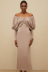 Kendra Midi Dress - V - Neck - Long Sleeves - Ruched Detailing - Stretch Design - Rear Slit