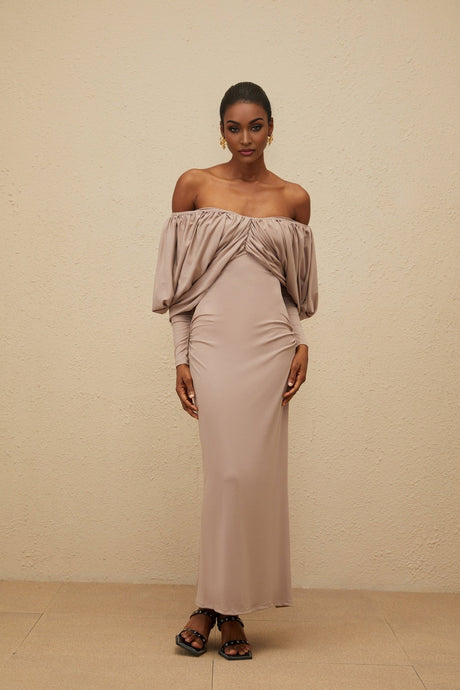 Kendra Midi Dress - V - Neck - Long Sleeves - Ruched Detailing - Stretch Design - Rear Slit