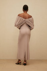 Kendra Midi Dress - V - Neck - Long Sleeves - Ruched Detailing - Stretch Design - Rear Slit