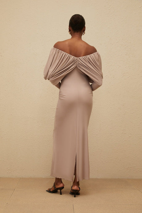 Kendra Midi Dress - V - Neck - Long Sleeves - Ruched Detailing - Stretch Design - Rear Slit