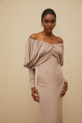 Kendra Midi Dress - V - Neck - Long Sleeves - Ruched Detailing - Stretch Design - Rear Slit