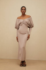 Kendra Midi Dress - V - Neck - Long Sleeves - Ruched Detailing - Stretch Design - Rear Slit