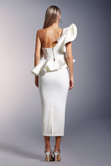 Kendra White Asymmetrical One Shoulder Ruffled Peplum Waist Dress
