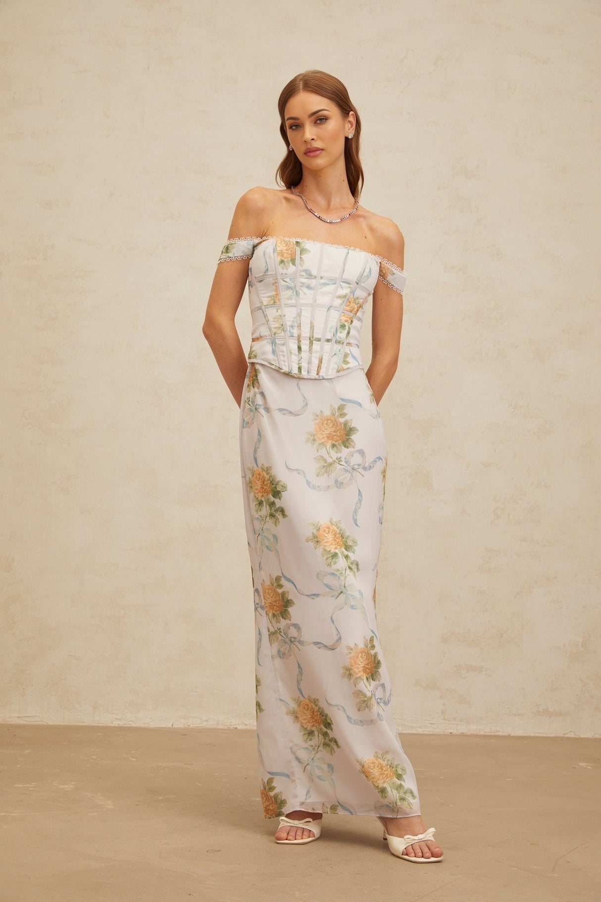 Kenzie Maxi Dress - Off - Shoulder Corseted Floral Print - Boned Bodice - Lace Trim