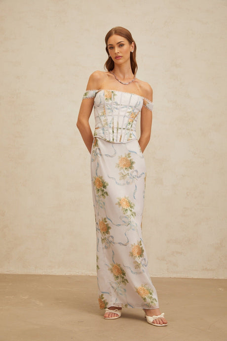 Kenzie Maxi Dress - Off - Shoulder Corseted Floral Print - Boned Bodice - Lace Trim