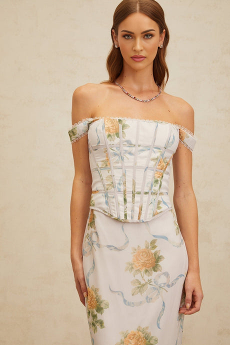 Kenzie Maxi Dress - Off - Shoulder Corseted Floral Print - Boned Bodice - Lace Trim