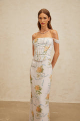 Kenzie Maxi Dress - Off - Shoulder Corseted Floral Print - Boned Bodice - Lace Trim