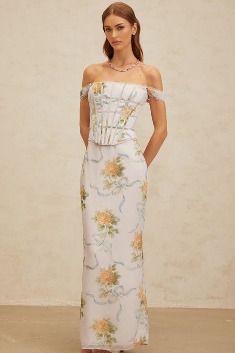 Kenzie Maxi Dress - Off - Shoulder Corseted Floral Print - Boned Bodice - Lace Trim
