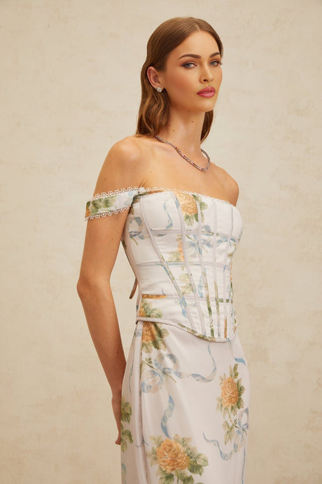 Kenzie Maxi Dress - Off - Shoulder Corseted Floral Print - Boned Bodice - Lace Trim