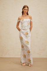 Kenzie Maxi Dress - Off - Shoulder Corseted Floral Print - Boned Bodice - Lace Trim