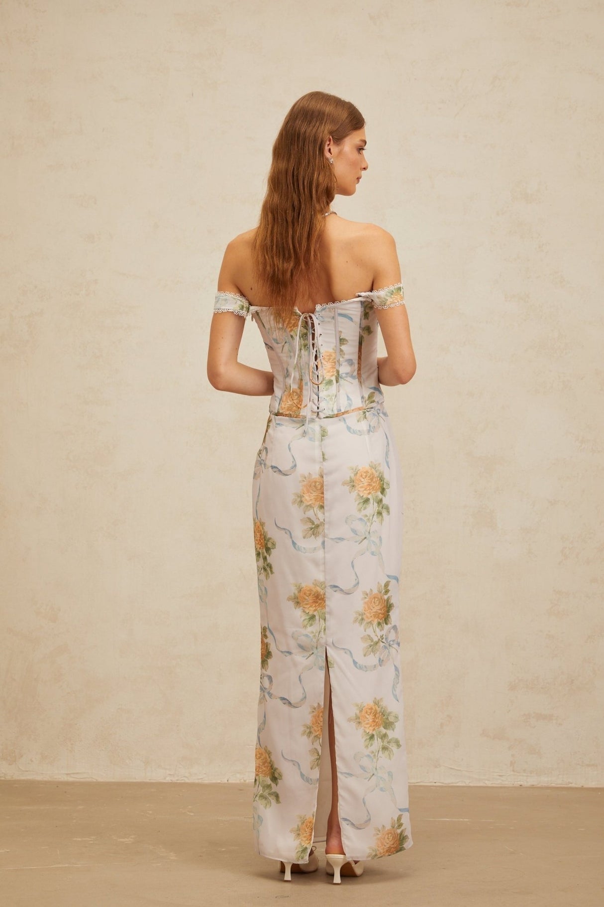 Kenzie Maxi Dress - Off - Shoulder Corseted Floral Print - Boned Bodice - Lace Trim