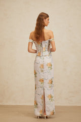 Kenzie Maxi Dress - Off - Shoulder Corseted Floral Print - Boned Bodice - Lace Trim