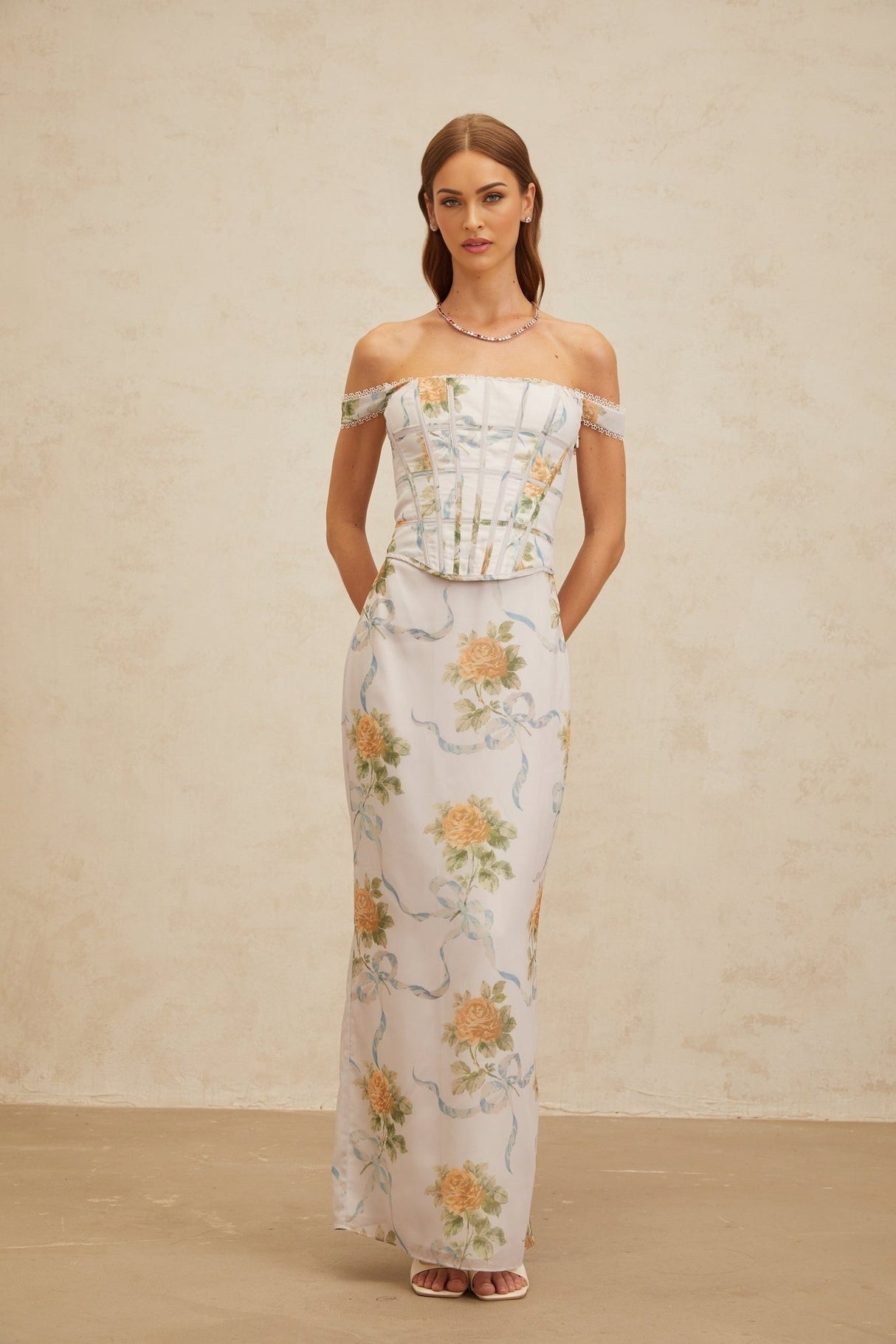 Kenzie Maxi Dress - Off - Shoulder Corseted Floral Print - Boned Bodice - Lace Trim