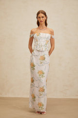 Kenzie Maxi Dress - Off - Shoulder Corseted Floral Print - Boned Bodice - Lace Trim