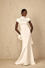 Kenzie Maxi Dress White Bow Mermaid Hem Open Back Cross - Boned