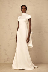 Kenzie Maxi Dress White Bow Mermaid Hem Open Back Cross - Boned