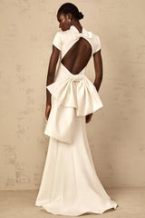 Kenzie Maxi Dress White Bow Mermaid Hem Open Back Cross - Boned
