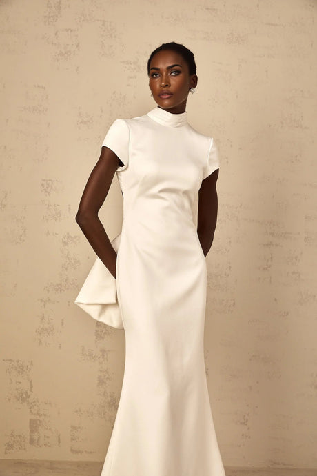 Kenzie Maxi Dress White Bow Mermaid Hem Open Back Cross - Boned