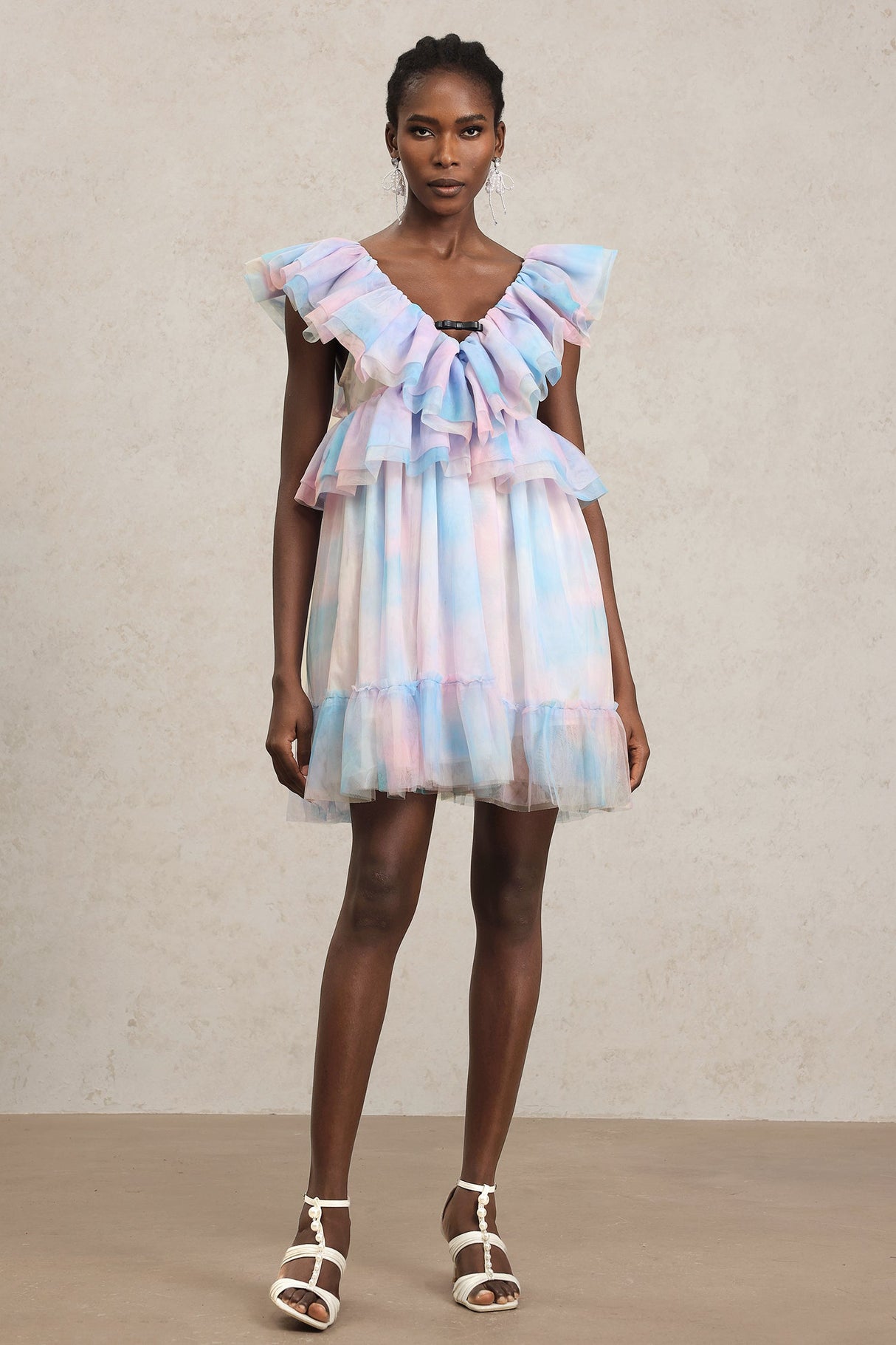 Kenzie Pink Ruffled Neckline Puff Sleeve Mini Dress