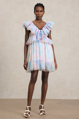 Kenzie Pink Ruffled Neckline Puff Sleeve Mini Dress