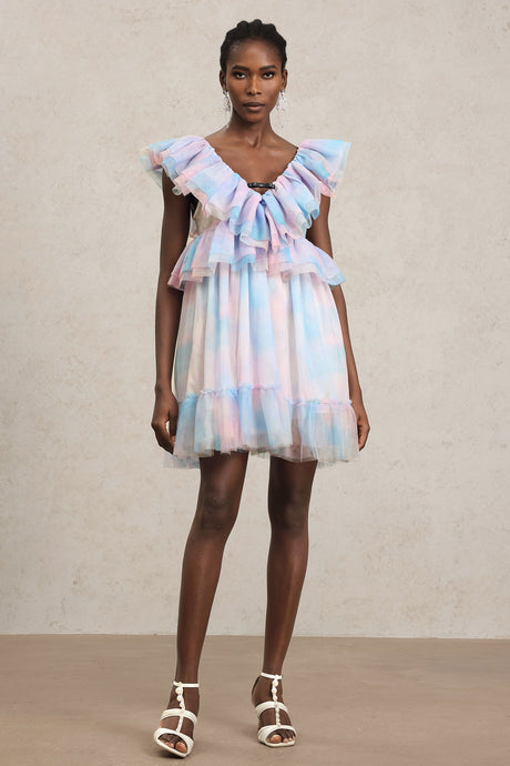 Kenzie Pink Ruffled Neckline Puff Sleeve Mini Dress