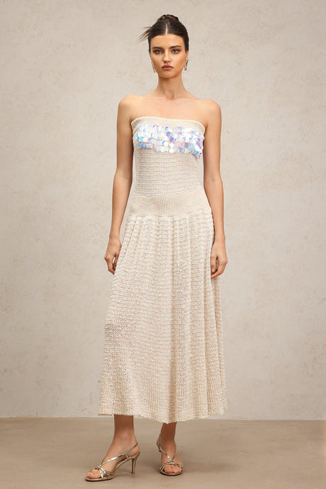 Kenzie White Maxi Dress Sequin Embellished Sleeveless Elegant Knitwork