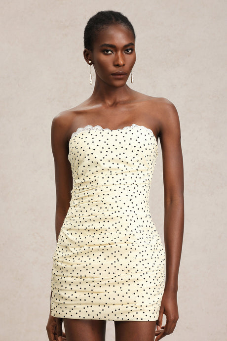 Kenzie Yellow Polka Dot Sleeveless Mini Dress Scalloped Neckline Ruched Detailing Lightweight Fabric Summer Party Casual Brunch Heels Sandals