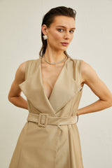 Khaki Belted Midi Dress with V - Neck and Pleated Flared Skirt