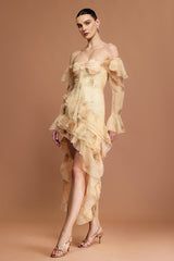 Khloe Beige Off-the-Shoulder Midi Dress with Ruffled Detailing