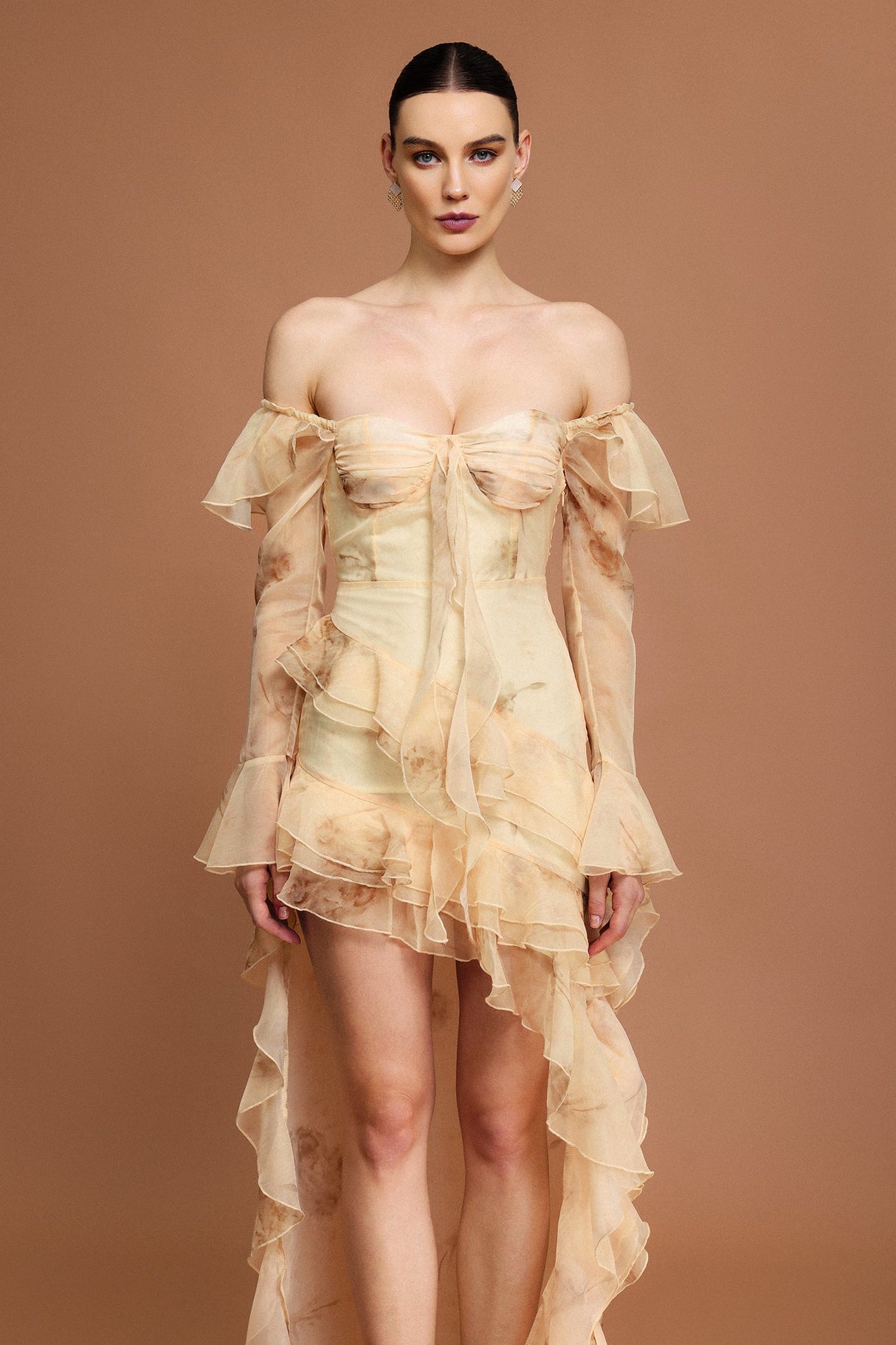 Khloe Beige Off-The-Shoulder Ruffled Midi Dress
