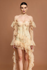 Khloe Beige Off-The-Shoulder Ruffled Midi Dress